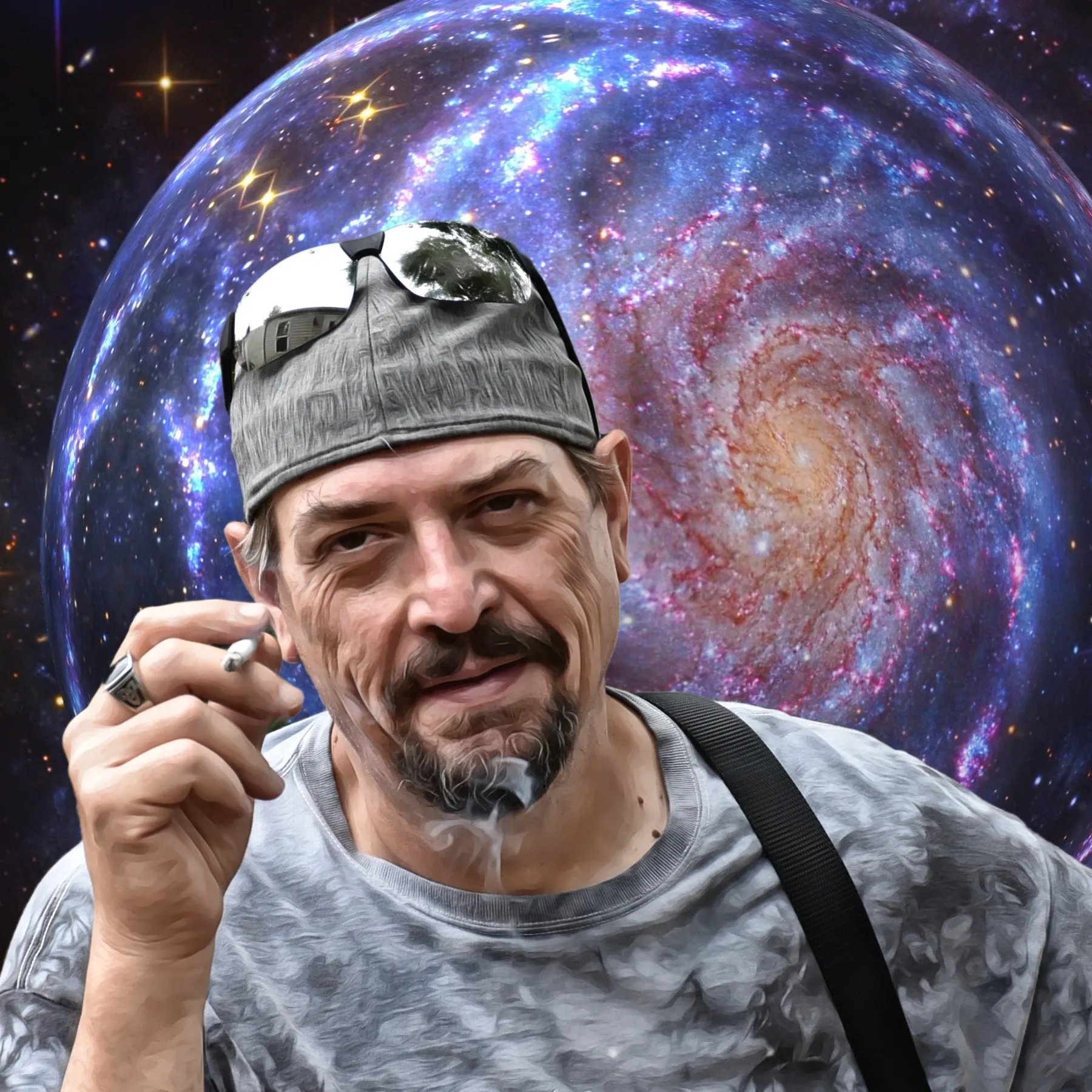 Lawrence "Ace" Parlier in front of a spiral galaxy backdrop