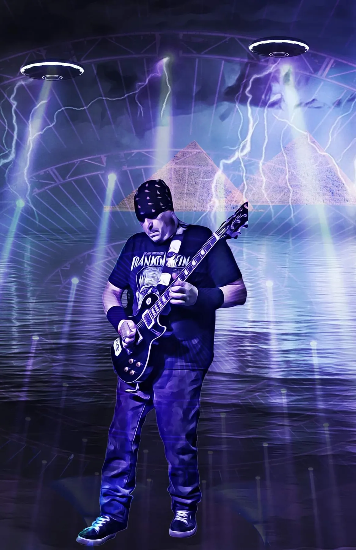 Ace Parlier with a guitar under stylized lightning